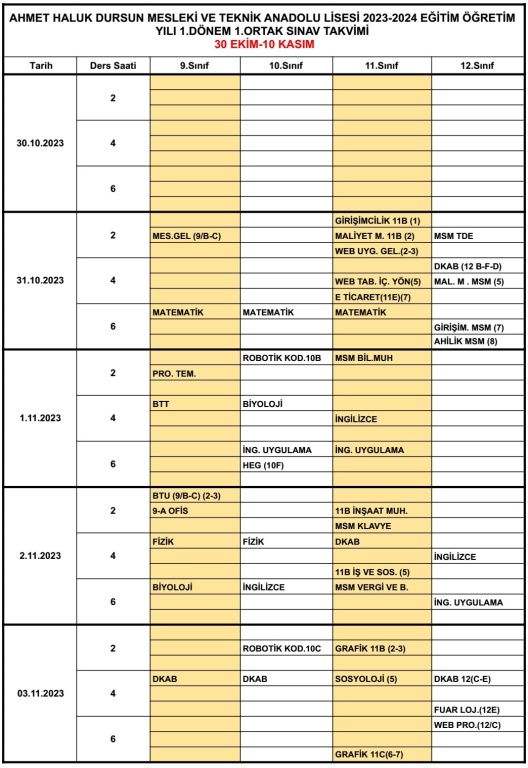 1 Dönem 1 Ortak Sınav Takvimi Ahmet Haluk Dursun Mesleki ve Teknik